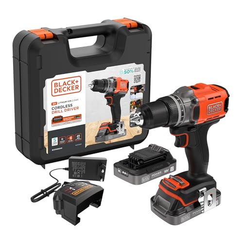 BLACK+DECKER Akku-Bohrschrauber, 18 V, max. Drehmoment 45 Nm, 2 x 2,0-Ah-Akkus, 1A-Ladegerät & Kitbox, BCD382D2XK-QW von BLACK+DECKER