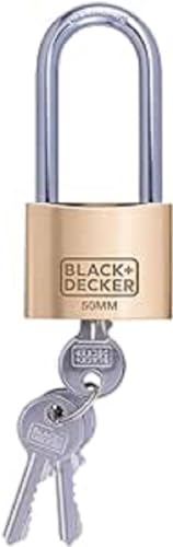BLACK+DECKER Vorhängeschloss – 50 mm – Langer Bügel – inkl. 3 Schlüssel – Massives Messingschloss von Black+Decker