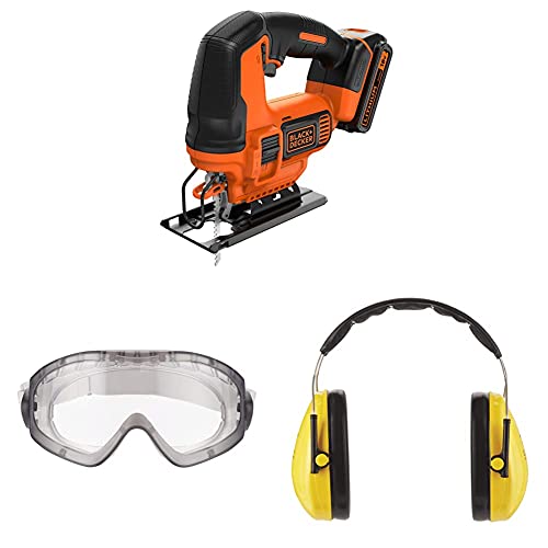 Black+Decker 18V Akku-Stichsäge BDCJS18, mit Akku+Ladegerät, inkl. 3M™ Schutzbrille für Werkzeugmaschinen 2890S, transparent und 3M™ Peltor™ Optime™ Komfort-Kapselgehörschutz H510A (87 bis 98 dB) von BLACK+DECKER