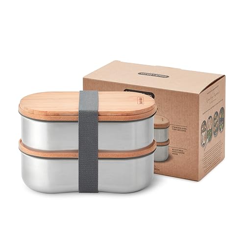 BLACK + BLUM Bento Box Edelstahl mit Bambusholzdeckel, 2 x 500 ML | Sara Kiyo Popowa Edition | 2x auslaufsichere Edelstahl Dose mit Gabel, Bambusdeckel/Schneidebrett & Trennwand | Bento Box Erwachsene von BLACK + BLUM