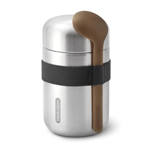 BLACK + BLUM Food Flask Thermobecher 400 ml | Schwarz | Thermobehälter Essen hält 6h heiß & 8h kalt | Auslaufsicher & Vakuumisoliert | mit Löffel aus Holzfasern | Lunchbox Thermo aus Edelstahl von BLACK + BLUM