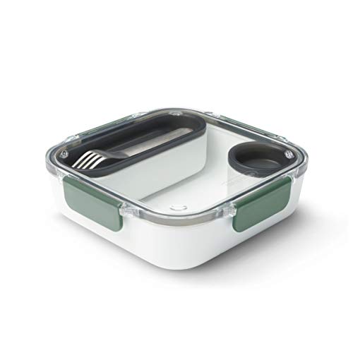 BLACK+BLUM Lunch Box Original, Lunchbox aus Kunststoff, Olive, 1 L, Inkl. Edelstahlgabel, Innenfach & Saucentopf, 100% Auslaufsicher, Mikrowellengeeignet, BPA-frei, Meal Prep Boxen von BLACK+BLUM