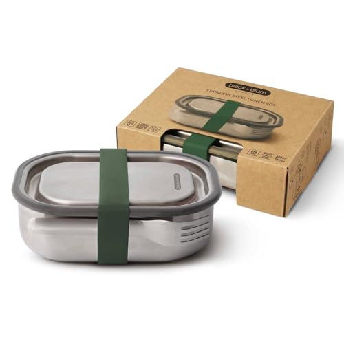 BLACK + BLUM Lunchbox Edelstahl 600 ml | Olive | 3-in-1 | Vakuumverschluss- 100% auslaufsicher | inkl. Göffel, Silikonband & Innenteiler | Ofen-& Gefriergeeignet | 20x14x6 cm | Brotdose mit Fächern von BLACK + BLUM