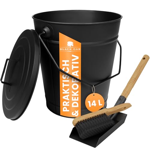 BLACK OAK Ascheeimer Etna 14L – Set Schaufel & Besen schwarz rund mit Deckel groß 14 Liter Stahl feuerfest verzinkt & pulverbeschichtet Asche & Kohle Eimer ideales Zubehör für Kachelofen Holzofen von BLACK OAK