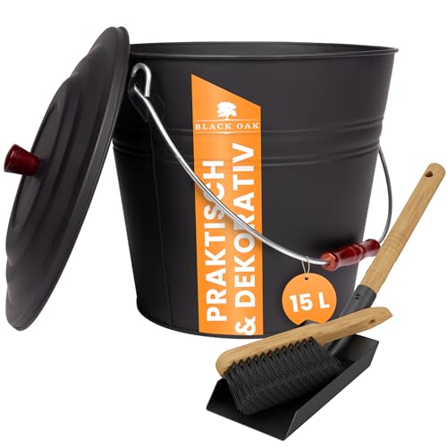 BLACK OAK Ascheeimer Katla 15L – Set Schaufel & Besen schwarz rund mit Deckel groß 15 Liter Stahl feuerfest verzinkt & pulverbeschichtet Asche & Kohle Eimer ideales Zubehör für Kachelofen Holzofen von BLACK OAK