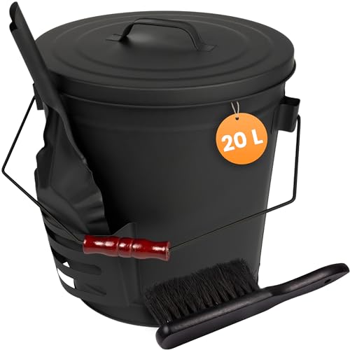 BLACK OAK Ascheeimer STROMBOLI 20L – schwarz mit Deckel Schaufel & Besen - groß 20 Liter - Stahl feuerfest verzinkt & pulverbeschichtet Asche & Kohle Eimer Zubehör für Kamin Kachelofen Holzofen von BLACK OAK
