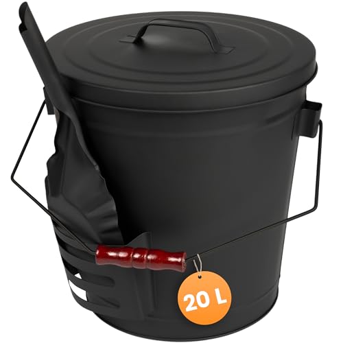 BLACK OAK Ascheeimer Stromboli 20L – schwarz mit Deckel & Schaufel - groß 20 Liter - Stahl feuerfest verzinkt & pulverbeschichtet Asche & Kohle Eimer ideales Zubehör für Kamin Kachelofen Holzofen von BLACK OAK