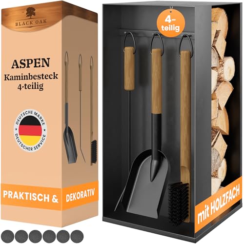 BLACK OAK Kaminbesteck ASPEN 4-teilig - praktisches & repräsentatives Ofenbesteck Set schwarz mit Holzgriff 4 teilig Ständer + Schürhaken Ascheschaufel Kaminbesen Stahl Kaminzubehör Besteck für Ofen BLACK OAK Kaminbesteck ASPEN 4-teilig - praktisches & repräsentatives Ofenbesteck Set schwarz mit Holzgriff 4 teilig Ständer + Schürhaken Ascheschaufel Kaminbesen Stahl Kaminzubehör Besteck für Ofen von BLACK OAK