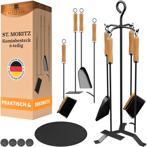 BLACK OAK Kaminbesteck ST. MORITZ 6-teilig - wohnliches & dekoratives Ofenbesteck Set schwarz mit Holzgriff 6 teilig Ständer + Aschekratzer Schürhaken Ascheschaufel Kaminbesen & Feuerschutzmatte Stahl BLACK OAK Kaminbesteck ST. MORITZ 6-teilig - wohnliches & dekoratives Ofenbesteck Set schwarz mit Holzgriff 6 teilig Ständer + Aschekratzer Schürhaken Ascheschaufel Kaminbesen & Feuerschutzmatte Stahl von BLACK OAK