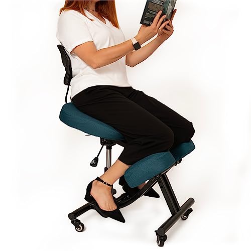 BLACK POINT Ergonomischer Kniestuhl aus Leinen O'KNEEL PRO für Zuhause und Büro. Ergonomischer Bürostuhl (Dunkeltürkiser Leinenbezug im Lieferumfang enthalten) von BLACK POINT