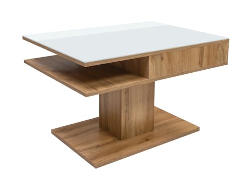 BLACK RED WHITE Campo Couchtisch 80x60 cm weiß/Eiche Wotan rechteckig, Moderne Möbelkombination aus Möbelplatte und Glas, kompakter, eleganter Tisch von BLACK RED WHITE
