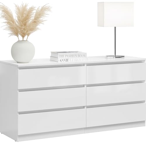 BLACK RED WHITE Kommode Tetrix 150 cm mit 6 Schubladen Weiß Hochglanz | Kommodenschrank für Wohnzimmer, Schlafzimmer, Kinderzimmer, Jugendzimmer und Büro von BLACK RED WHITE