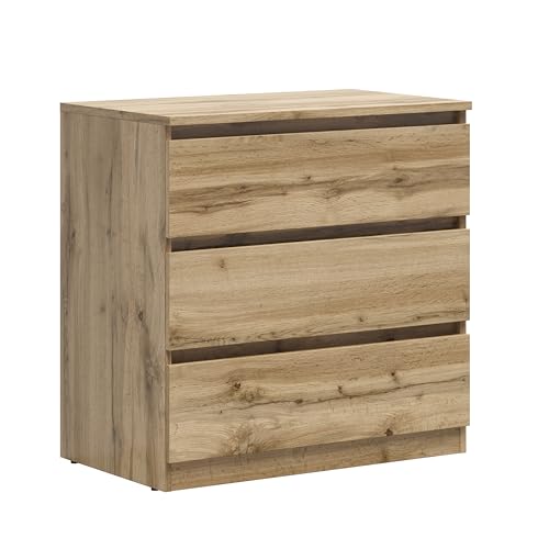 BLACK RED WHITE Kommode Tetrix 75 cm mit 3 Schubladen Eiche Wotan | für Wohnzimmer, Schlafzimmer, Kinderzimmer, Jugendzimmer und Büro von BLACK RED WHITE