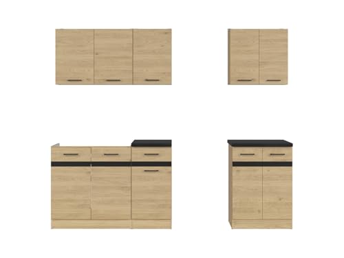 BLACK RED WHITE Küchenzeile Junona Line A 180 cm Eiche Bernstein mit Arbeitsplatte von BLACK RED WHITE
