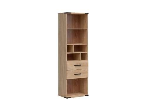 BLACK RED WHITE Lara Regal 60 cm mit 2 Schubladen und 5 Einlegeböden Esche Belarus - Beige Möbelplatte, 197,5x60x40 cm, leises Schubladenschließen von BLACK RED WHITE
