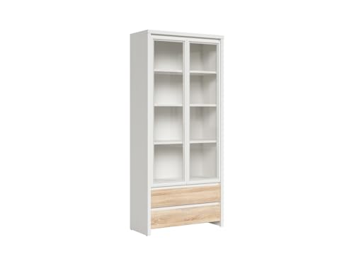 BLACK RED WHITE Vitrine Kaspian 90 cm mit 2 Türen und 2 Schubladen weiß/Eiche Sonoma, Elegante Schrankvitrine aus Spanplatte und gehärtetem Glas BLACK RED WHITE Vitrine Kaspian 90 cm mit 2 Türen und 2 Schubladen weiß/Eiche Sonoma, Elegante Schrankvitrine aus Spanplatte und gehärtetem Glas von BLACK RED WHITE