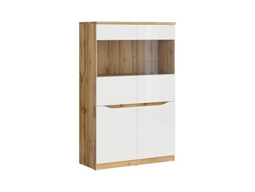 BLACK RED WHITE Vitrine Nuis 90 cm mit 4 Türen in Eiche Wotan/Weiß Hochglanz - Moderne Glasfronten & Optionale Beleuchtung - Stilvolle Wohnraumerweiterung von BLACK RED WHITE
