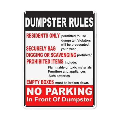 BLACKCUTTER Hinweisschild mit Aufschrift "Danger", Dumpster Rules Residents Only No Parking In Front Of Dumpster, Straßenschild, Geschäftsschilder für Parkplatz, Aluminium-Metall-Blechschild, 30,5 x von BLACKCUTTER