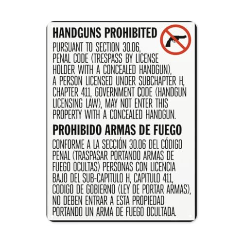Hinweisschild mit Aufschrift "Warning Danger", zweisprachig, "No Concealed Carry Texas (vertikal) Handguns Prohibited,Road Sign Business Signs for parking lot,Aluminum Metal Tin Sign von BLACKCUTTER