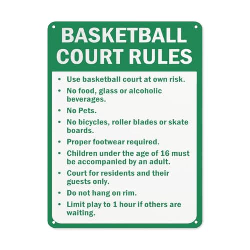 Hinweisschild mit Aufschrift "Warning Danger "Basketball Court Rules Use Basketball Court At Own Risk, No Food No Pets No Bicycles Proper Footwear Required", Straßenschild, Geschäftsschilder für von BLACKCUTTER