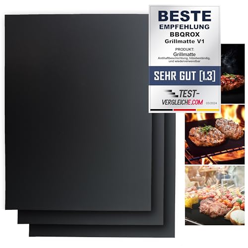 BLACKROX Grillmatten BBQROX Antihaft Grill Backmatte Wiederverwendbar Mehrweg Holzkohlegrill, Gasgrills Elektrogrill, Weber Style für Fleisch, Fisch (3er Set 40x33cm 300°C Schwarz) von BLACKROX