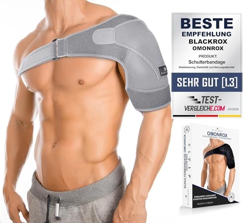 BLACKROX Schulterbandage [Vergleichssieger 2024] ONE SIZE | Für Damen & Herren | Schulterstütze | Perfekt für Sport, Kraftsport & Bodybuilding | OMONROX | Grau von BLACKROX