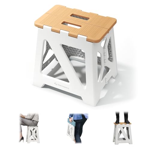 BLACKSPACE Hocker Klappbar, Stabil & Anti-Rutsch Faltbar Tritthocker, Tragbarer Leichtgewichtig, Ideal für Bad, Toilette, Küche - 33cm Hoch (Khaki/Weiß) von BLACKSPACE