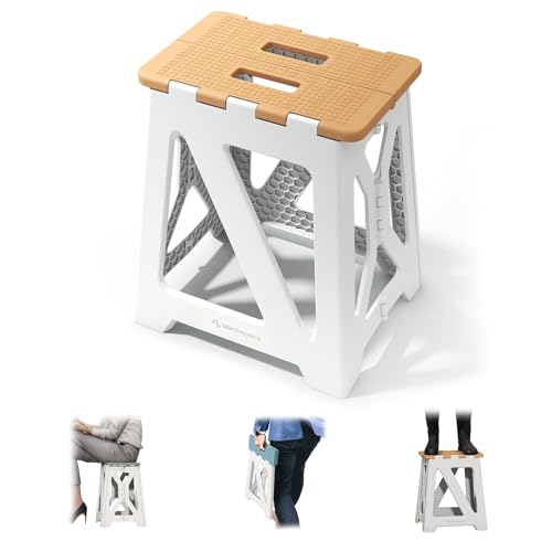 BLACKSPACE Hocker Klappbar, Stabil & Anti-Rutsch Faltbar Tritthocker, Tragbarer Leichtgewichtig, Ideal für Bad, Toilette, Küche - 40cm Hoch (Khaki/Weiß) von BLACKSPACE