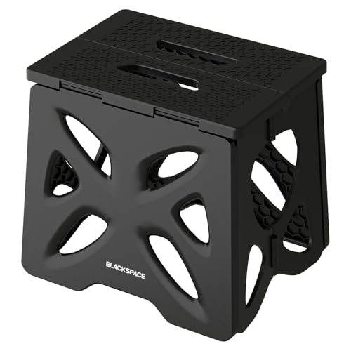 BLACKSPACE Klappbarer Tritthocker 27,9 cm, robuster tragbarer Kunststoffhocker mit rutschfester Oberfläche, platzsparend, für Camping, Garten, Angeln, Grillen, Innen- und Außenbereich (28 cm, Schwarz) von BLACKSPACE