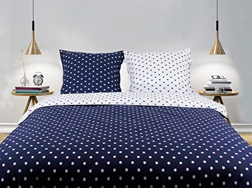 Bettwäsche für Doppelbett, Bettbezug 200 x 200 cm, 2 Kopfkissenbezüge 65 x 65 cm, Blau mit weißen Punkten von BLANC AVENUE