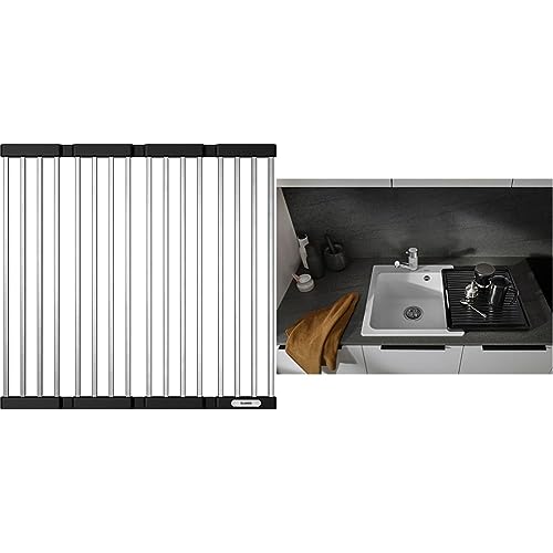 BLANCO 238483 Klappmatte als Abtropf für die Küchenspüle, faltbare Matte für das Waschbecken in der Küche, Breite 440 mm & anlegbarer Tropf, 230734, Wellenoptik, Kunststoff, schwarz-grau von BLANCO