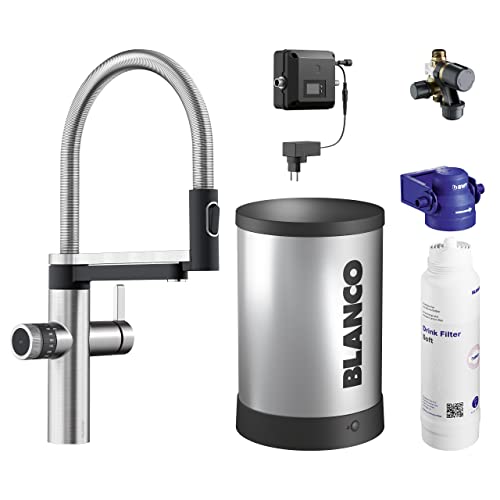 BLANCO drink.hot EVOL-S Pro PVD Steel | Multifunktionales Heißwassersystem | Veredeltes kochend heißes Wasser | Click & Touch Mengeneinstellung | Separater isolierter Auslauf | Armatur von BLANCO