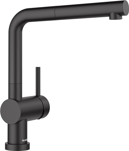 BLANCO LINUS-S-F | Küchenarmatur in schwarz matt | Hochdruck | Mit herausziehbarem Schlauch | Vorfensterarmatur zur Montage vor einem Fenster | Gesicherte Wasserqualität & wassersparend von BLANCO