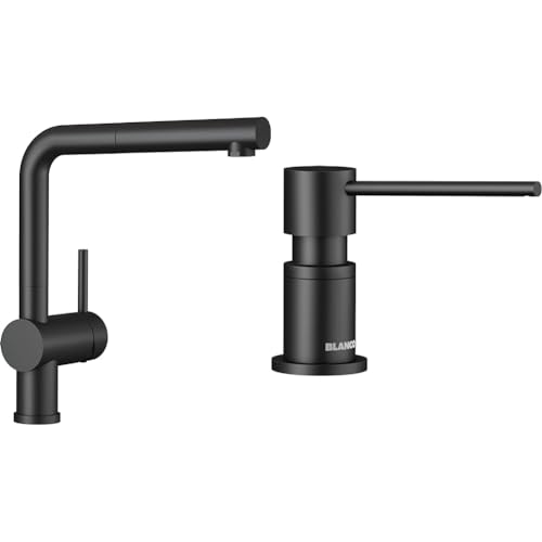 BLANCO LINUS-S | Küchenarmatur in schwarz matt | Hochdruck & LATO Spülmittelspender in schwarz matt | Passend zu allen BLANCO-Küchenarmaturen von BLANCO