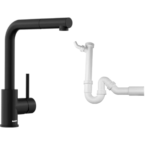 BLANCO MILA-S | Küchenarmatur in schwarz matt | Hochdruck & Geruchsverschluss (Siphon) 1,5'' x 50 mm (Abgang Ø=40 oder 50 mm) von BLANCO
