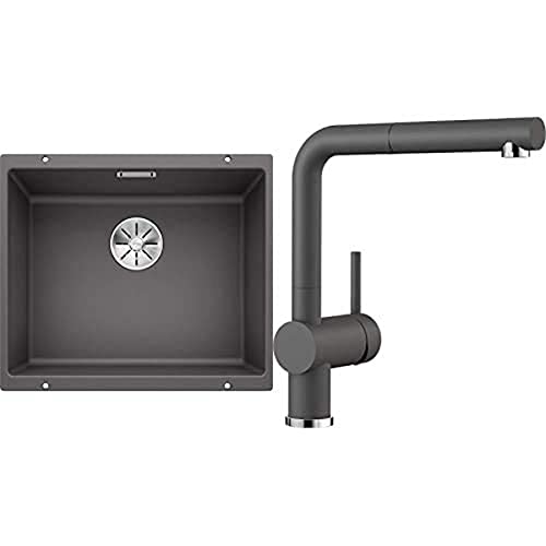 BLANCO Spül-Set in felsgrau – SUBLINE 500-U – Spülbecken für 60 cm Unterschränke – Granitspüle aus SILGRANIT – Unterbau + LINUS-S – Küchenarmatur in SILGRANIT-Look – mit herausziehbarem Auslauf von BLANCO