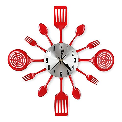 BLASHRD 16 GroßE KüChenwanduhren mit LöFfeln und Gabeln, 3D Geschirr Wanduhr, Raumdekoration (Rot) von BLASHRD