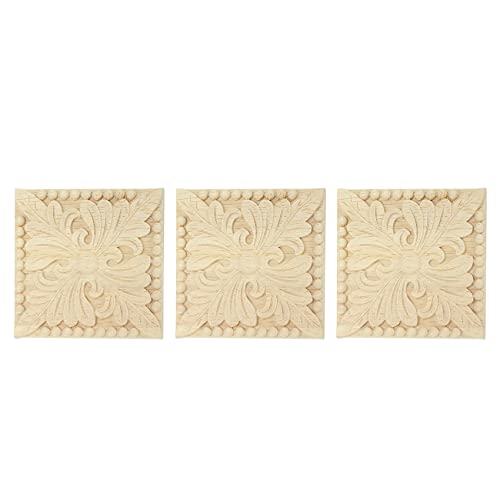 BLASHRD 3X Naturholz Applikationen Quadrat Carving Decals Dekorative Holzleisten Fuer Schranktuer Moebel 8X8cm 10X10cm von BLASHRD