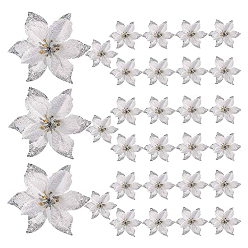 BLASHRD 50 Packungen Glitzer Weihnachts Stern Christbaum Schmuck KüNstliche Seiden Blumen Picks Kranz Girlande Urlaub (Silber) von BLASHRD