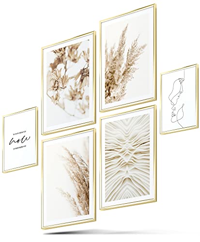 BLCKART Boho Beige Bilder Set Stilvolle Beidseitige Pampasgras Bilderwand Natur Gräser Wohnzimmer Deko Poster 21x30 (M | 4x A4 | 2x A5 | ohne Rahmen, Boho Beige) von BLCKART