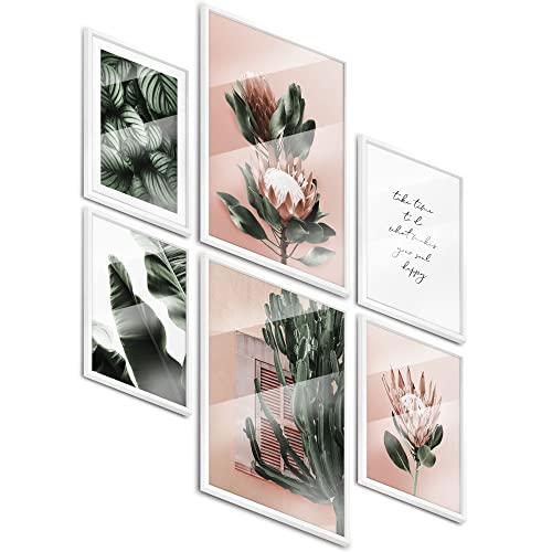 BLCKART Botanic Rose and Green Poster Set Deko Grün Rosa (L | 2x A3 | 4x A4 | Holzrahmen weiß) von BLCKART