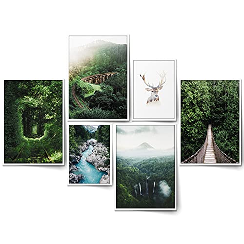 BLCKART Green Forest Bilder Set Stilvolle Beidseitige Pampasgras Bilderwand Natur Landschaft Wohnzimmer Deko Poster Wald (M | 4x A4 | 2x A5 | Holzrahmen (weiß), Green Forest) von BLCKART