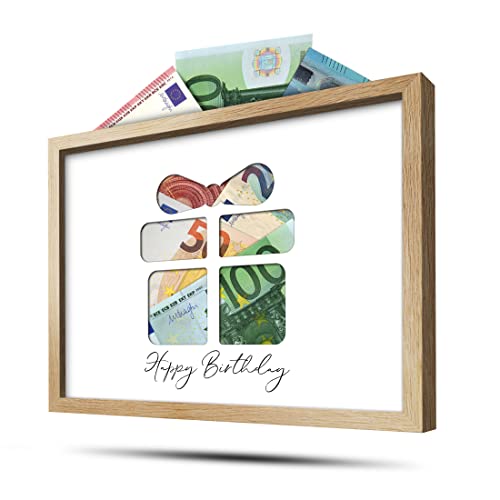 BLCKART Happy Birthday Geldgeschenk Geschenke für Frauen & Männer mit A5 Echtholz Bilderrahmen mit Stanzung Geld Geschenke Geburtstagsgeschenk Geldgeschenke Verpackung (DIN A5 | Natur) von BLCKART