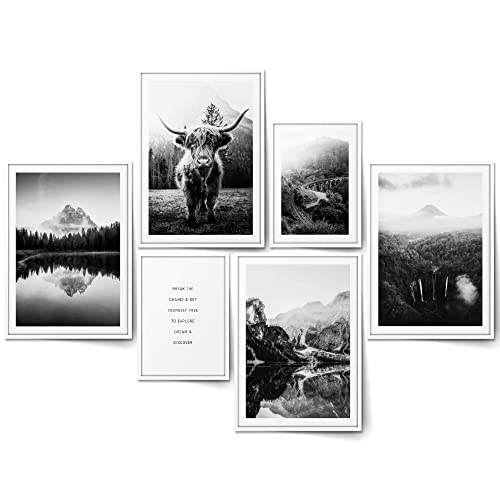BLCKART Hochland Kuh Bilder Set Schwarz Weiß Beidseitige Natur Poster Wohnzimmer Deko Wandbilder (L | 4x A3 | 2x A4 | Holzrahmen (weiß), Hochland Kuh) von BLCKART