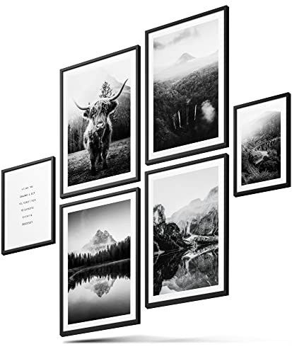 BLCKART Hochland Kuh Bilder Set Schwarz Weiß Beidseitige Natur Poster Wohnzimmer Deko Wandbilder (L | 4x A3 | 2x A4 | ohne Rahmen, Hochland Kuh) von BLCKART