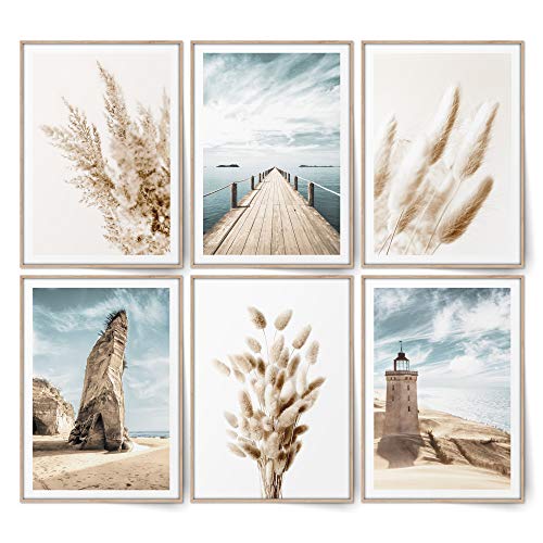 BLCKART Infinity Beige Love Beach Bilder Set Stilvolle Beidseitige Pampasgras Poster Strand Wohnzimmer Deko (L | 6x A3 | 29,7 x 42 cm | ohne Rahmen, BEIGE LOVE BEACH) von BLCKART