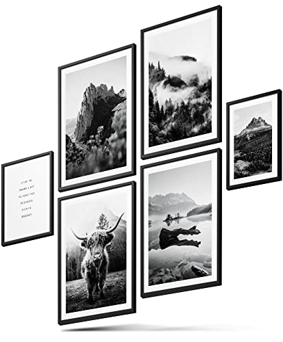 BLCKART Infinity Poster-Set Highland Cow - beidseitig bedruckte Wandbilder - schwarz weiße Premium Poster - Bilder zur Wanddekoration - Größe L 4x A3 und 2x A4 von BLCKART
