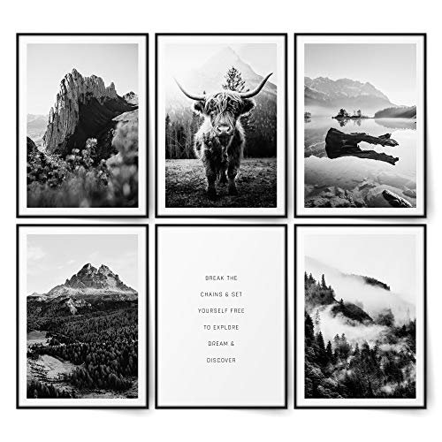BLCKART Infinity Highland Cow Berge Bilder Set Stilvolle Beidseitige Poster See Natur Wohnzimmer Deko (L | 6x A3 | 29,7 x 42 cm | ohne Rahmen, HIGHLAND COW | SCHWARZ WEISS) von BLCKART