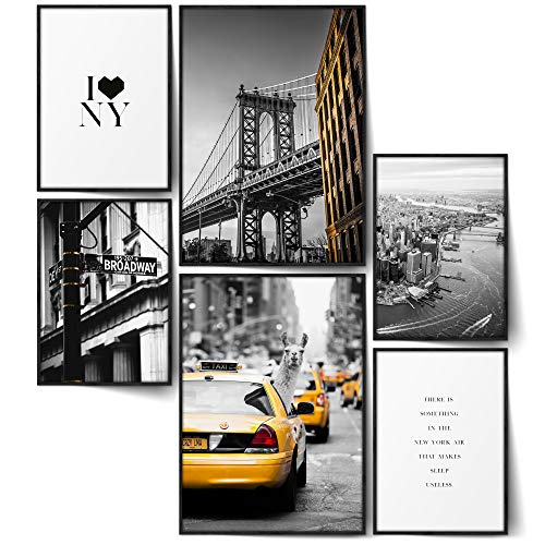 BLCKART Infinity New York City Poster Bilder Set Manhattan Stilvolle Poster Wohnzimmer Bilder Lama Taxi Freiheitsstatue Brooklyn Bridge (L | 2x A3 | 4x A4 | Ohne Rahmen, NEW YORK CITY LAMA) von BLCKART