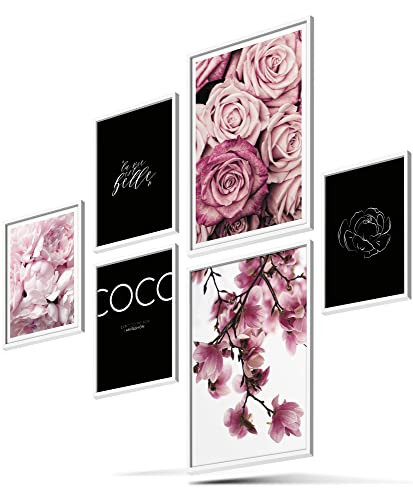 BLCKART Infinity Premium Poster Set Bilder COCO Stilvolle Magnolien Rosen Poster Schlafzimmer Deko | 2x A3 | 4x A4 (COCO FLORAL ROSE PINK BLACK | 6er, Ohne Rahmen) von BLCKART